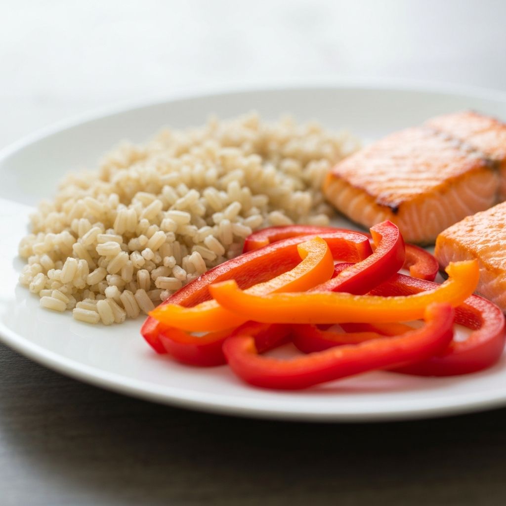 Balanced meal portions with vegetables and whole grains